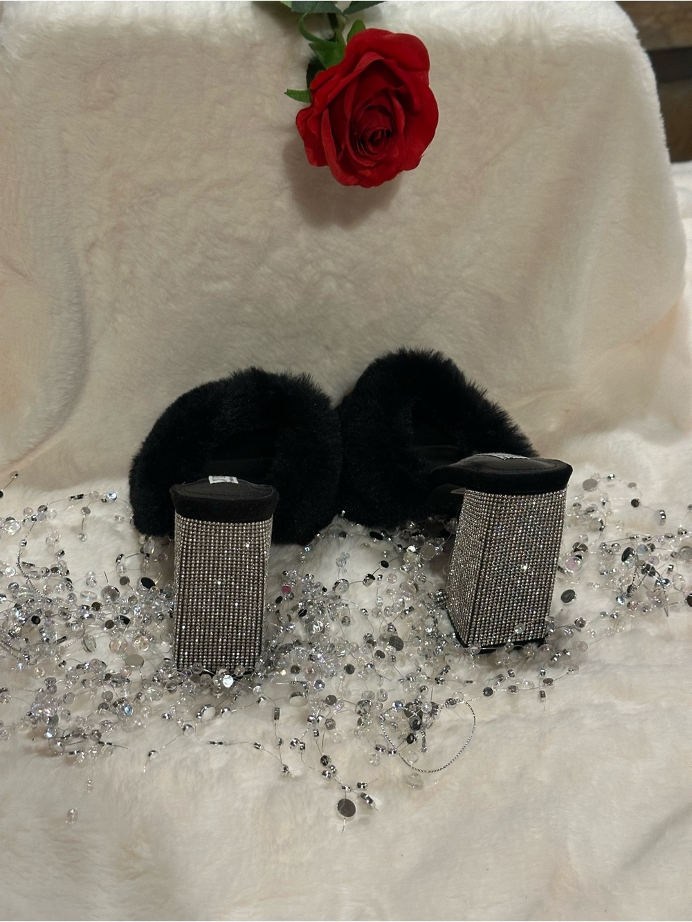 Cape Robbin Black Faux Fur Mules with Rhinestone Block Heel - Picture 2 of 7